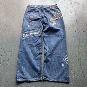 Ecko Unltd Y2K Baggy Wide Leg Distressed Denim Jeans 38x32 Blue Embroidered